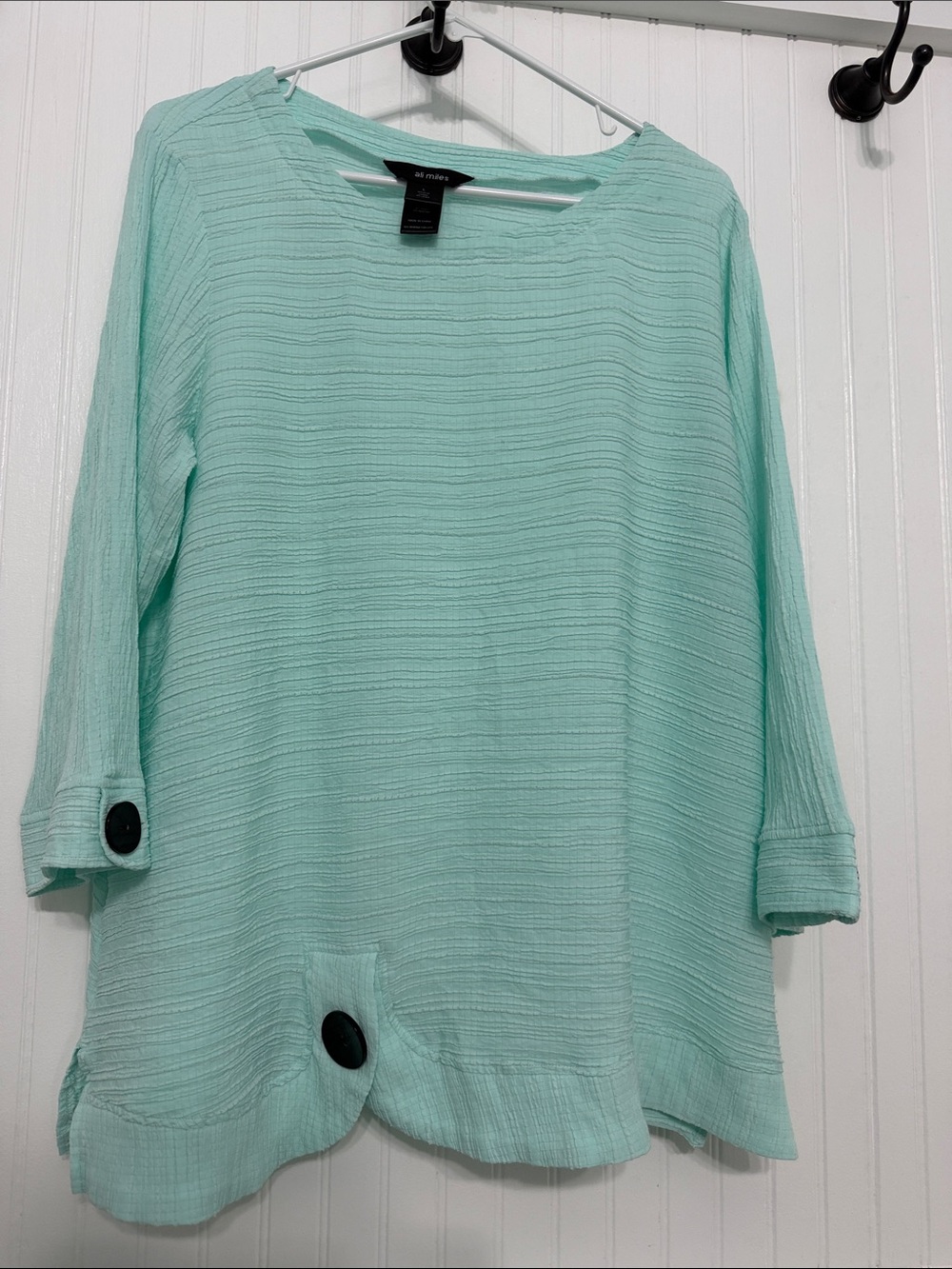 Ali Miles L Mint Green Textured 3/4-Sleeve Button-Hem Popover Top EUC